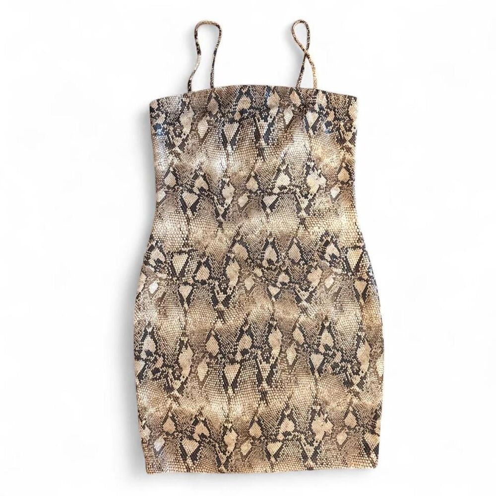 Snake Print Bodycon Dress Spaghetti Straps Medium Night Out Dress Tan Brown